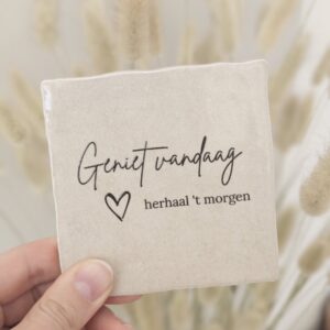 Tegeltje 'Geniet vandaag'.